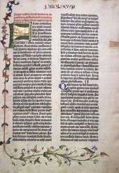 Prolog-Folio mit goldenen und grünen Buchstaben "F" und Rand aus Blättern, Blumen, Ranken und Vogel, 1455
