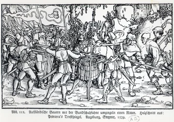 Rebellische Bauern umgeben einen Ritter, aus einer Illustration zu Trostspiegel von Petrarca, 1539