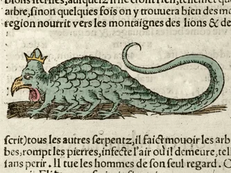 Darstellung des mythologischen Monsters Basilisk. Holzschnitt aus der Universal-Kosmographie von Sebastien Munster. Basel