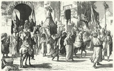 Rückkehr einer Karawane von Pilgern nach Mekka (Gravur)
