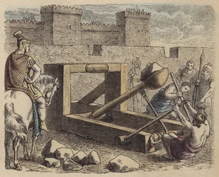 Römische Belagerungskatapult (kolorierte Gravur)