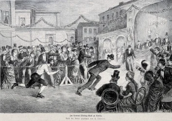 Rollschuhrennen in Berlin im Jahr 1878.