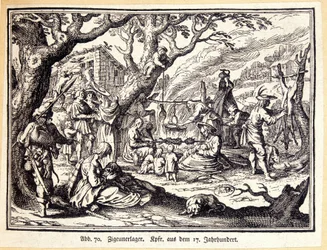Ländliche Menschen im Mittelalter. Deutsche Gravur des 18. Jahrhunderts. Anonym. Bibl. der dekorativen Künste.