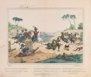 Gefecht zwischen Truppen von Kaiser Faustin I. von Haiti und der Dominikanischen Republik Santo Domingo im April 1851, illustriertes Flugblatt, veröffentlicht von Fried. Schulz Verlag, Stuttgart, 1851