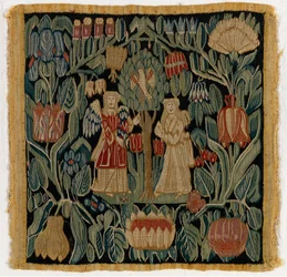 Wandteppich-Kissenbezug mit der Verkündigung, aus Niedersachsen oder Dänemark, nach 1600