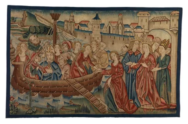 Wandteppichpanel mit der Begegnung von St. Ursula und Prinz Artherius in Mainz, aus dem Mittelrheingebiet, Ende des 15. Jahrhunderts (Wolle & Metallfaden)