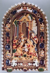 Die Anbetung der Könige, Reliefplatte mit Miniaturfiguren der vier Evangelisten und Putti, abwechselnd mit Saphiren, aus München