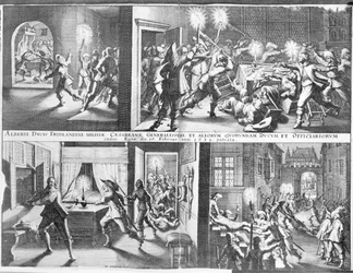 Die Ermordung Albrecht von Wallensteins (1583-1634) in Eger durch eine Truppe irischer und schottischer Offiziere unter dem Kommando von General Butler, 25. Februar 1634