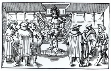 Der Hof eines Barons, nach einem Holzschnitt in Cosmographie Universelle von Munster, veröffentlicht 1552