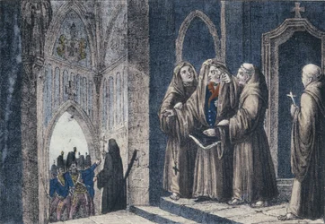 Die Mönche bedecken den König mit einem Tuch im Kloster Camenz