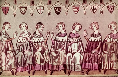 Die sieben Kurfürsten wählen Heinrich VII., Heiligen Römischen Kaiser, Illustration aus der Chronik von Heinrich VII. (Balduineum) 1341