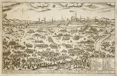 Die Belagerung von Wien im Jahr 1529, Illustration aus einem Buch über die osmanischen Feldzüge in Europa, graviert von Paul Furst (ca.1605-66)