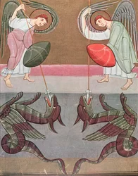 Die Engel, die den heiligen Michael begleiten, greifen die Drachen an, Faksimile der Bamberger Apokalypse