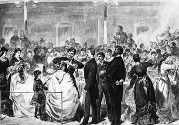 Die Prüfung der Lehrlinge in der Tonhalle, Berlin, durch ein Komitee der Friseurbranche am 3. Mai 1881