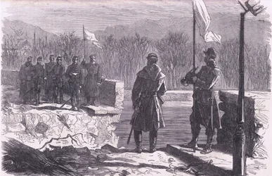 Die Friedensverhandlungen - ein Treffen an der Brücke von Sèvres, Cassells Geschichte des Krieges zwischen Frankreich und Deutschland, veröffentlicht von Cassell and Company Limited, ca. 1890 (Lithografie)