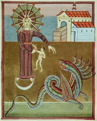 Die mit der Sonne bekleidete Frau wird vom Drachen mit sieben Köpfen angegriffen, Faksimile der Bamberger Apokalypse