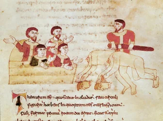 Theaterszene, das Publikum links applaudiert der Aufführung der Schauspieler. Miniatur aus dem Manuskript De Universo (oder De rerum naturis) (cod. 132) von Rabanus Maurus Magnentius (ca. 780-856)