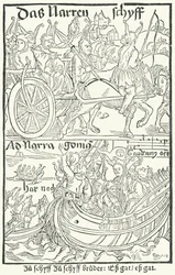 Titelseite der ersten Ausgabe von Sebastian Brants Narrenschiff, gedruckt von Johann Bergmann von Olpe in Basel im Jahr 1491 (Stich)