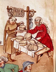 Handel: Ein Brothändler. Miniatur aus „Chroniken des Konzils von Konstanz“ von Ulrich Richental (1360-1437) ca. 1438 Prag, Nationalbibliothek