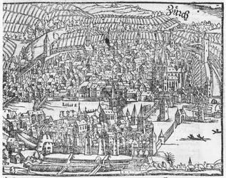 Ansicht von Zürich, aus Cosmographie Universelle von Sebastien Munster (1488-1552) Basel, veröffentlicht 1559