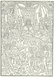 Holzschnitt aus der ersten Ausgabe von Lancelot du Lac, gedruckt in Rouen von Jean le Bourgeois im Jahr 1488 (Stich)