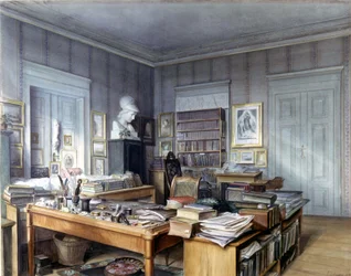 Arbeitszimmer von Wilhelm Grimm (1786 -1859) in Berlin, Linkstraße 7. Gravur von Herrn Hoffmann. Nationalmuseum, Nürnberg. 1860
