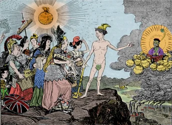 Gelbe Gefahr: Der Feind aus dem Osten rückt näher - Bereitet euch auf die Liquidation vor - Völker Europas, verkauft eure wertvollsten Güter! Platte aus Kladderadatsch, Berlin 1895