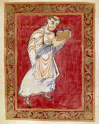 Der Mönch Ruodprecht bringt das Manuskript zum Erzbischof Egbert von Trier (Miniatur aus dem Codex Egberti)
