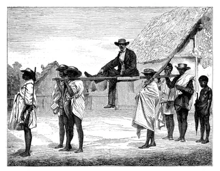 Afrikanische Eingeborene tragen einen weißen Mann, Afrika, 19. Jahrhundert