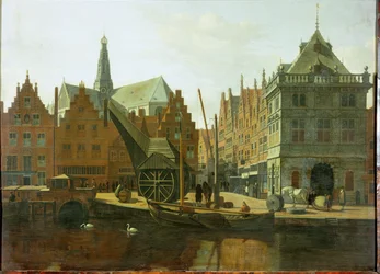 Haarlemer Hafen mit öffentlicher Waage und dem Turm von Sankt Bavo im Hintergrund
