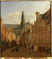 Straße in Haarlem mit der St.-Bavo-Kirche im Hintergrund