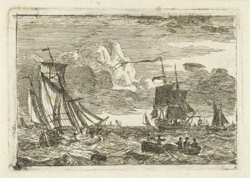 Verschiedene Segelschiffe und ein Beiboot auf See