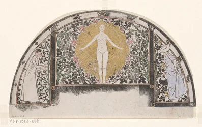 Ontwerp voor de omlijsting van een kalender voor 1901 met vrouwen und bloemen