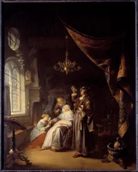 Die hydropische Frau. Ein Arzt untersucht den Urin einer Frau mit Wassersucht. Gemälde von Gerard Dou (1613-1675)