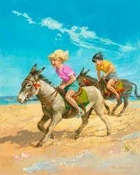Junge und Mädchen reiten Esel am Strand