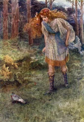 "Und immer, wenn sie sich näherte, flog die Taube ein wenig weiter" (Farblithographie)