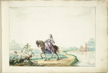 Frau zu Pferd in einer Landschaft