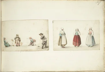 Vier Kinder, die ihr Geschäft verrichten, und drei stehende Frauen