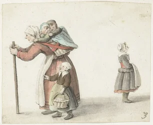 Frau mit zwei Kindern in einem Tragekorb