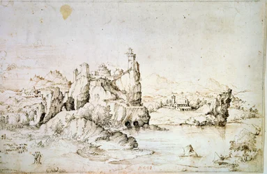 Eine Burg auf einem Felsen in einer Berglandschaft, 1540