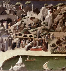 Die Thebais der Eremiten, Detail. Darstellung des Lebens der Eremiten in der Wüste. Gherardo Starnina (14.-15. Jahrhundert) zugeschrieben. Um 1400. Maße: 2x0.8 m. Florenz, Galleria degli Uffizi