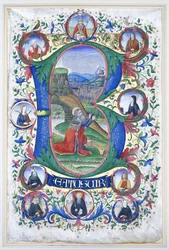 König David im Gebet innerhalb eines sehr großen Initials "B", die Umrandung mit zehn großen Rundbildern, die jeweils das Porträt eines Heiligen enthalten, ca. 1500