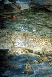 Im Jahr 1669 wurde die Stadt Catania (Sizilien) durch den Ausbruch des Ätna verwüstet. Gemälde von Giacinto Platanio. Sakristei des Doms von Catania.