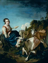 Ein Mädchen mit einer Kuh und Schafen in einer felsigen Landschaft