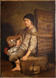 Botenjunge, der mit einem Korb auf dem Rücken sitzt, Eier und Geflügel, um 1735