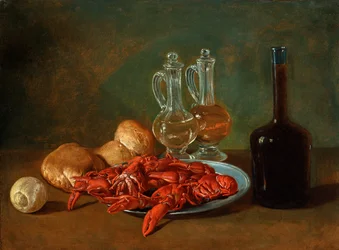 Stillleben mit Zinnteller, Garnelen, einer Zitrone, Glaskaraffen, Brot und einer Flasche Wein