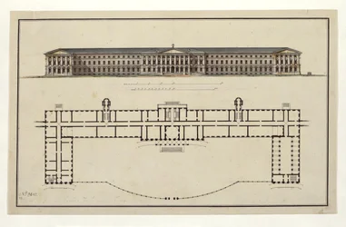 Projekt des Smolny-Instituts. Die Hauptfassade und der Grundriss des Erdgeschosses, 1806-1808