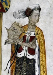 Darstellung der Markgrafen von Saluzzo und ihrer Gemahlinnen als historische und mythologische Helden und Heldinnen (Detail: Riccarda di Sicilia, Gemahlin Tommaso II, als Amazonenkönigin Lampeto)