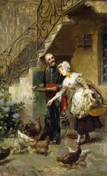 Ein elegantes Paar füttert Hühner in einem Hof