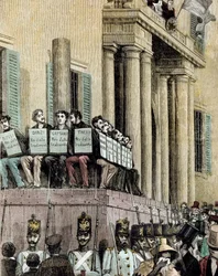 Risorgimento: Mitglieder der Giovine Italia Bewegung (einschließlich Carlo Cattaneo (1801-1869), Tinelli, Danzi, Bussi) vor dem Justizpalast in Mailand, hören das Urteil, das sie 1848 ins Exil verurteilt